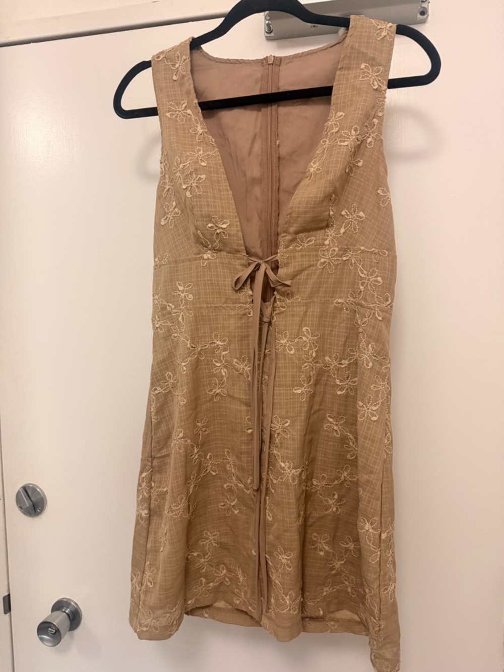 Embroidered Tie-Front Beige Dress
